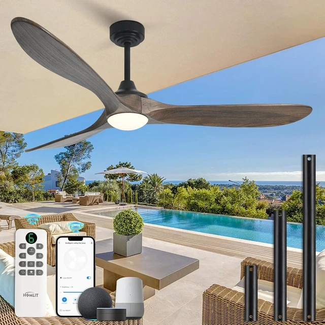 Main image of 60 Outdoor Ceiling Fan with Light 3 Downrods, Smart Wood Ceiling Fan Compatible with Alexa/Google/App, 3 Blades Modern Walnut Wood Ceiling Fans for Kitchen Living Room Patio,Dark Brown