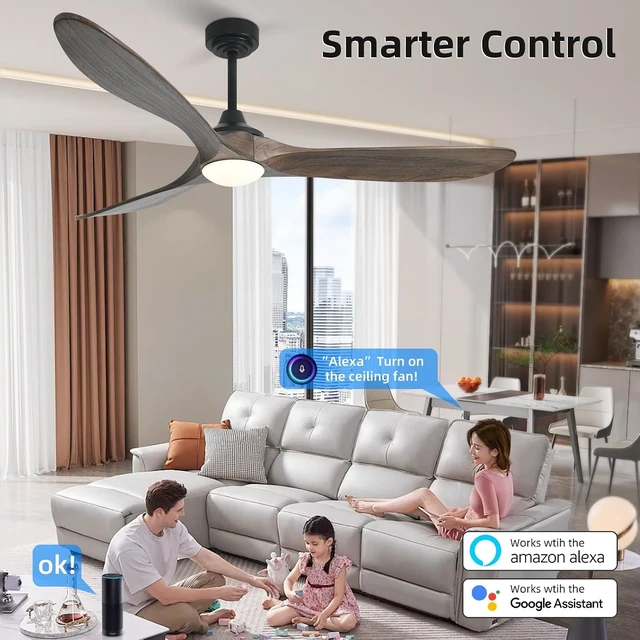 Alt view image 2 of 7 - 60 Outdoor Ceiling Fan with Light 3 Downrods, Smart Wood Ceiling Fan Compatible with Alexa/Google/App, 3 Blades Modern Walnut Wood Ceiling Fans for Kitchen Living Room Patio,Dark Brown