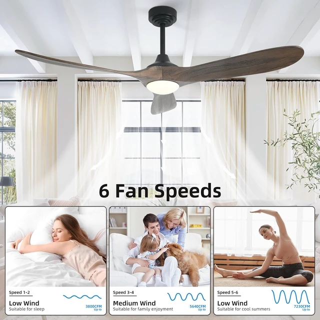 Alt view image 3 of 7 - 60 Outdoor Ceiling Fan with Light 3 Downrods, Smart Wood Ceiling Fan Compatible with Alexa/Google/App, 3 Blades Modern Walnut Wood Ceiling Fans for Kitchen Living Room Patio,Dark Brown