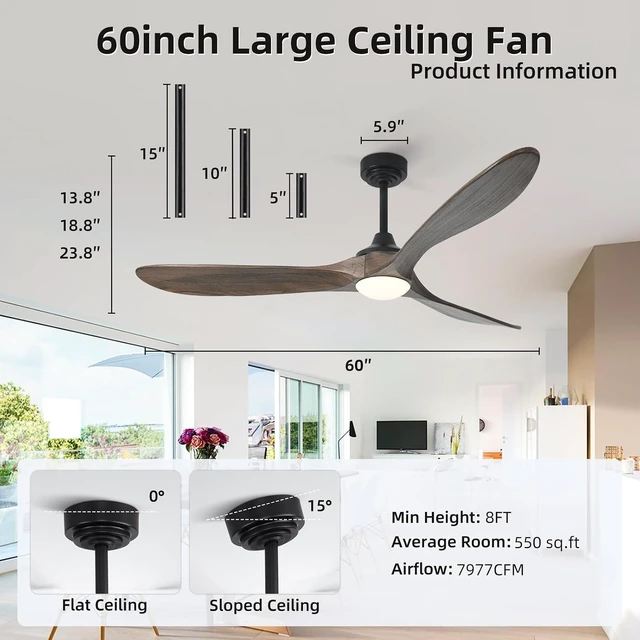 Alt view image 6 of 7 - 60 Outdoor Ceiling Fan with Light 3 Downrods, Smart Wood Ceiling Fan Compatible with Alexa/Google/App, 3 Blades Modern Walnut Wood Ceiling Fans for Kitchen Living Room Patio,Dark Brown