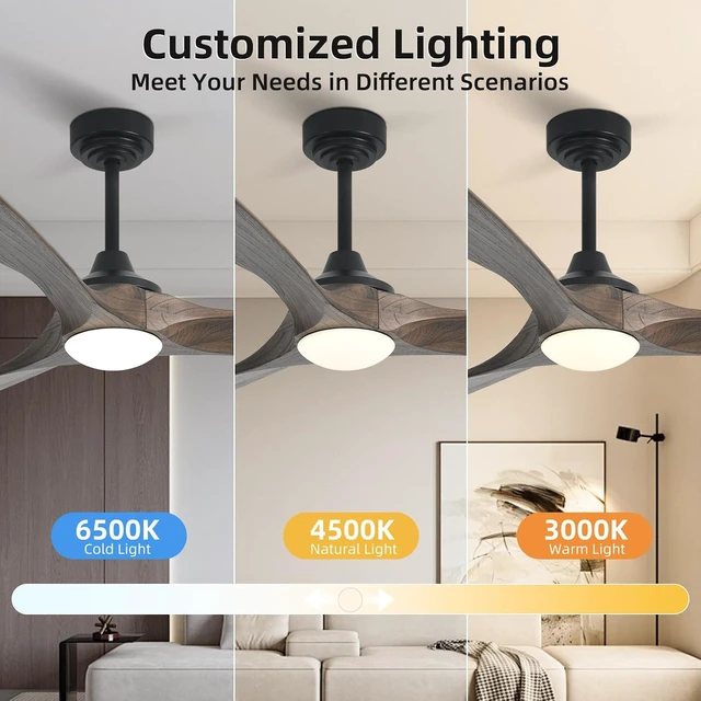 Alt view image 7 of 7 - 60 Outdoor Ceiling Fan with Light 3 Downrods, Smart Wood Ceiling Fan Compatible with Alexa/Google/App, 3 Blades Modern Walnut Wood Ceiling Fans for Kitchen Living Room Patio,Dark Brown