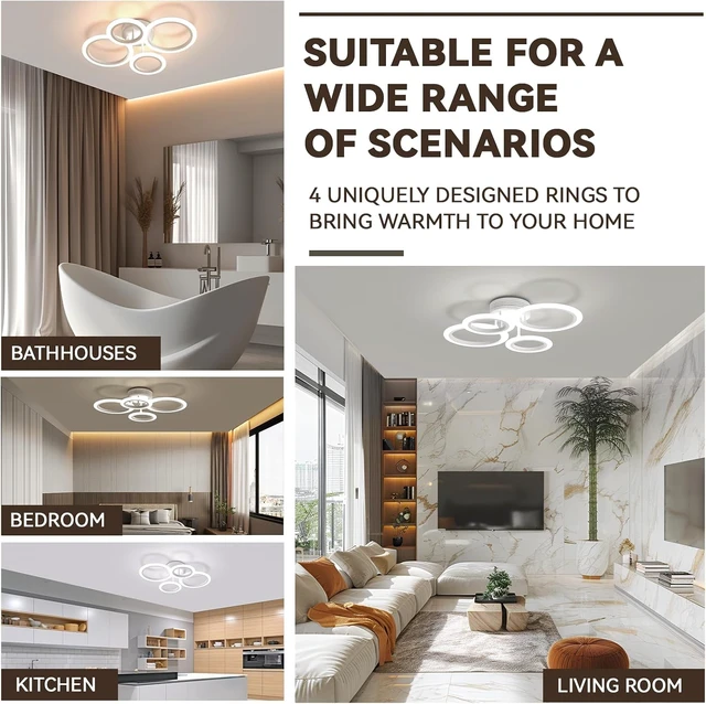 Alt view image 4 of 7 - 48W LED Flush Mount Ceiling Light, 4 Ring Dimmable Ceiling Light Fixture