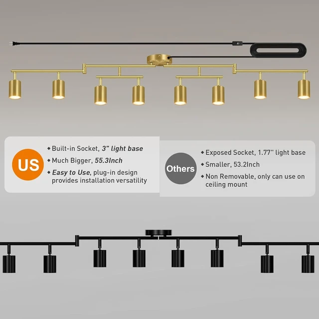 Alt view image 4 of 7 - Plug in Track Lighting, LED Track Lighting Fixtures Ceiling Kit, Gold 8-Light Ceiling Light Plug-in, Wall Light with 15ft Power Cord, Rotatable Kitchen Spotlight for Bedroom(GU10 Socket, NO Bulb)