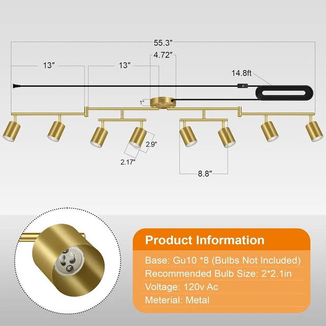 Alt view image 2 of 7 - Plug in Track Lighting, LED Track Lighting Fixtures Ceiling Kit, Gold 8-Light Ceiling Light Plug-in, Wall Light with 15ft Power Cord, Rotatable Kitchen Spotlight for Bedroom(GU10 Socket, NO Bulb)