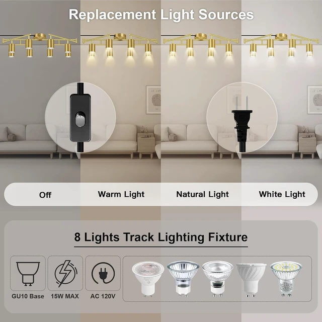 Alt view image 3 of 7 - Plug in Track Lighting, LED Track Lighting Fixtures Ceiling Kit, Gold 8-Light Ceiling Light Plug-in, Wall Light with 15ft Power Cord, Rotatable Kitchen Spotlight for Bedroom(GU10 Socket, NO Bulb)