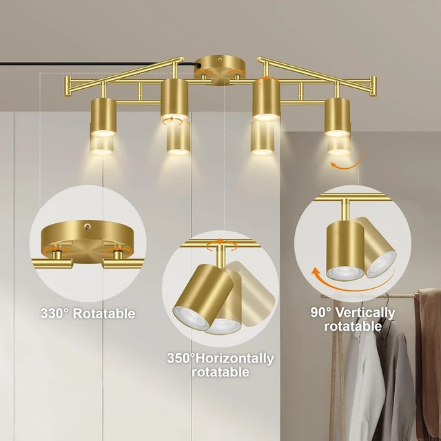 Alt view image 6 of 7 - Plug in Track Lighting, LED Track Lighting Fixtures Ceiling Kit, Gold 8-Light Ceiling Light Plug-in, Wall Light with 15ft Power Cord, Rotatable Kitchen Spotlight for Bedroom(GU10 Socket, NO Bulb)