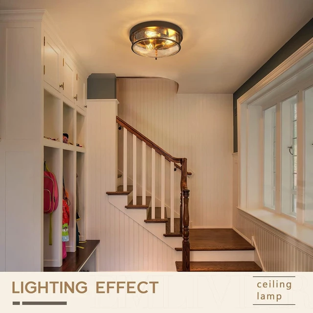 Alt view image 3 of 6 - Emliviar 15 Inch Farmhouse Flush Mount Ceiling Light Fixture, Outdoor 3-Light Ceiling Lamp for Porch Kitchen Living Room, Seeded Glass Oil Rubbed Bronze Finish, GE263MF ORB