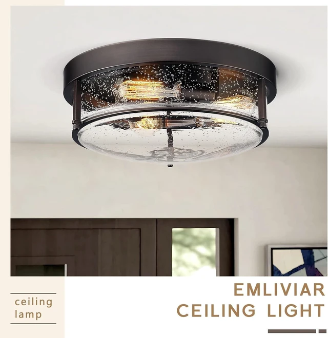 Alt view image 2 of 6 - Emliviar 15 Inch Farmhouse Flush Mount Ceiling Light Fixture, Outdoor 3-Light Ceiling Lamp for Porch Kitchen Living Room, Seeded Glass Oil Rubbed Bronze Finish, GE263MF ORB