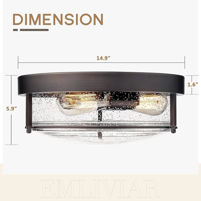 Alt view image 6 of 6 - Emliviar 15 Inch Farmhouse Flush Mount Ceiling Light Fixture, Outdoor 3-Light Ceiling Lamp for Porch Kitchen Living Room, Seeded Glass Oil Rubbed Bronze Finish, GE263MF ORB