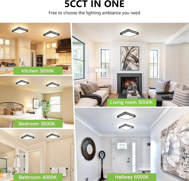 Alt view image 5 of 6 - Square Ceiling Light Fixture - 2 Pack 12 Inch 36W 3000K/3500K/4000K/5000K/6000K Adjustable Flush Mount Led Light for Bathroom Bedroom Kitchen Hallway