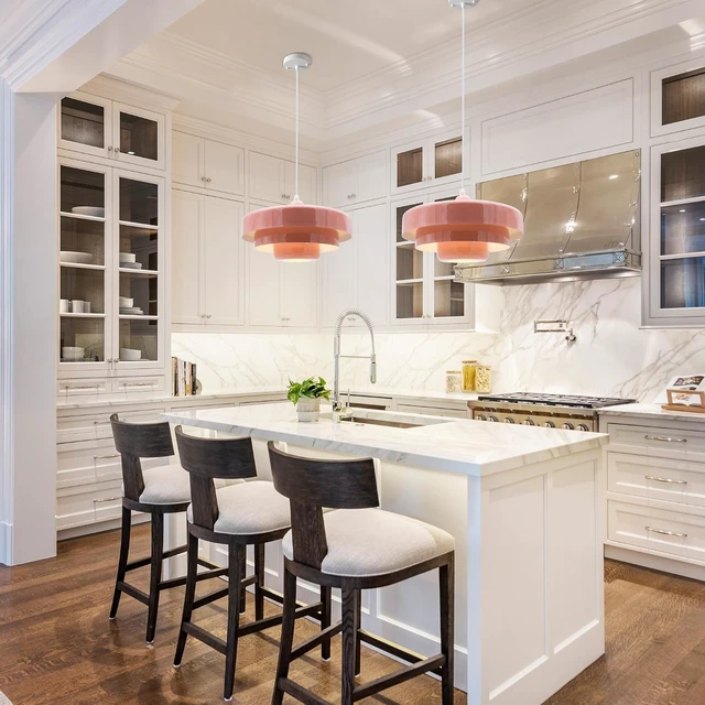 Alt view image 2 of 7 - Pink Pendant Light Mid Century Pendant Lamp Nordic Pendant Lighting Fixture Hanging Ceiling Light 3-Layer Shade Design for Kitchen Island Dining Table Bedroom
