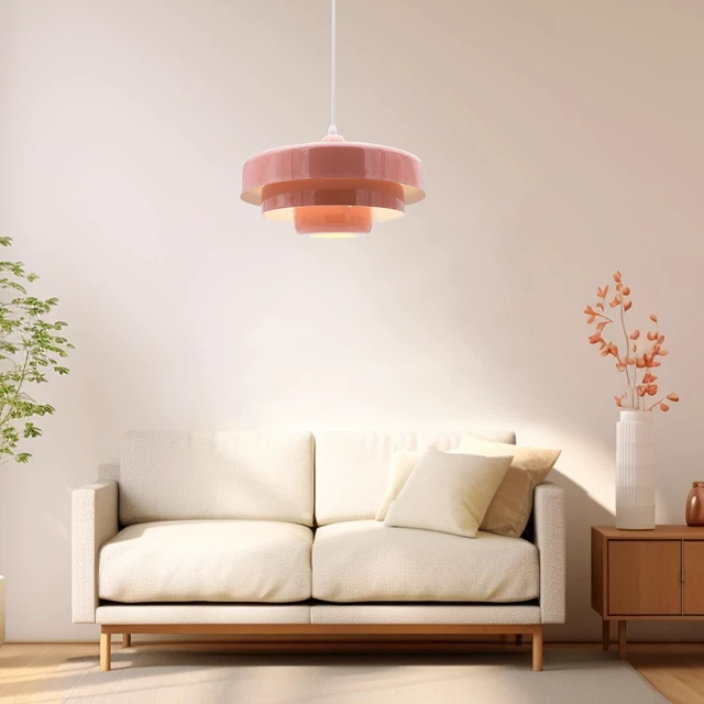 Alt view image 6 of 7 - Pink Pendant Light Mid Century Pendant Lamp Nordic Pendant Lighting Fixture Hanging Ceiling Light 3-Layer Shade Design for Kitchen Island Dining Table Bedroom