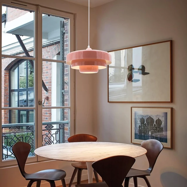 Alt view image 4 of 7 - Pink Pendant Light Mid Century Pendant Lamp Nordic Pendant Lighting Fixture Hanging Ceiling Light 3-Layer Shade Design for Kitchen Island Dining Table Bedroom