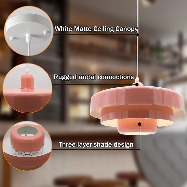 Alt view image 7 of 7 - Pink Pendant Light Mid Century Pendant Lamp Nordic Pendant Lighting Fixture Hanging Ceiling Light 3-Layer Shade Design for Kitchen Island Dining Table Bedroom
