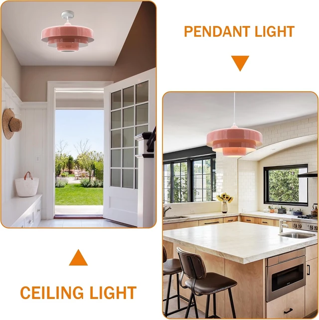 Alt view image 3 of 7 - Pink Pendant Light Mid Century Pendant Lamp Nordic Pendant Lighting Fixture Hanging Ceiling Light 3-Layer Shade Design for Kitchen Island Dining Table Bedroom