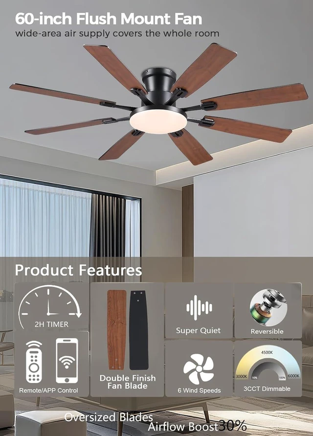 Alt view image 2 of 7 - JSAITEE 60Inch Ceiling Fan with Lights, Large Low Profile Flush Mount,Brown