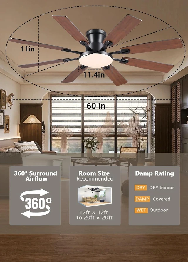 Alt view image 5 of 7 - JSAITEE 60Inch Ceiling Fan with Lights, Large Low Profile Flush Mount,Brown