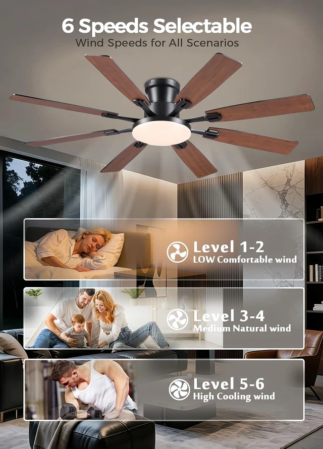 Alt view image 6 of 7 - JSAITEE 60Inch Ceiling Fan with Lights, Large Low Profile Flush Mount,Brown