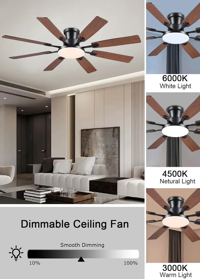 Alt view image 7 of 7 - JSAITEE 60Inch Ceiling Fan with Lights, Large Low Profile Flush Mount,Brown