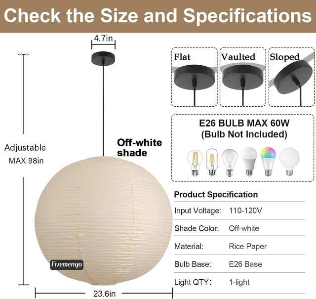 Alt view image 2 of 7 - Large Paper Pendant Light with Cord and Canopy, 23.6in Off White