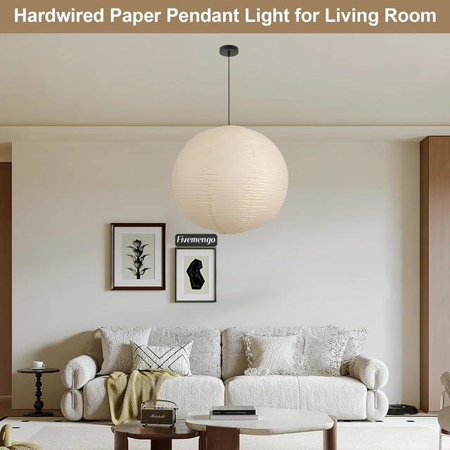 Alt view image 6 of 7 - Large Paper Pendant Light with Cord and Canopy, 23.6in Off White