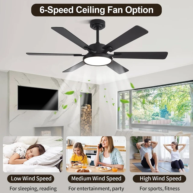 Alt view image 4 of 7 - 52in Black Low Profile Ceiling Fan with Light, Remote Control, 6 Blades, Dimmable LED, Flush Mount, Reversible, 6 Speeds, Ultra Quiet, Indoor Use, Bonus Wall Switch, Outdoor Rated