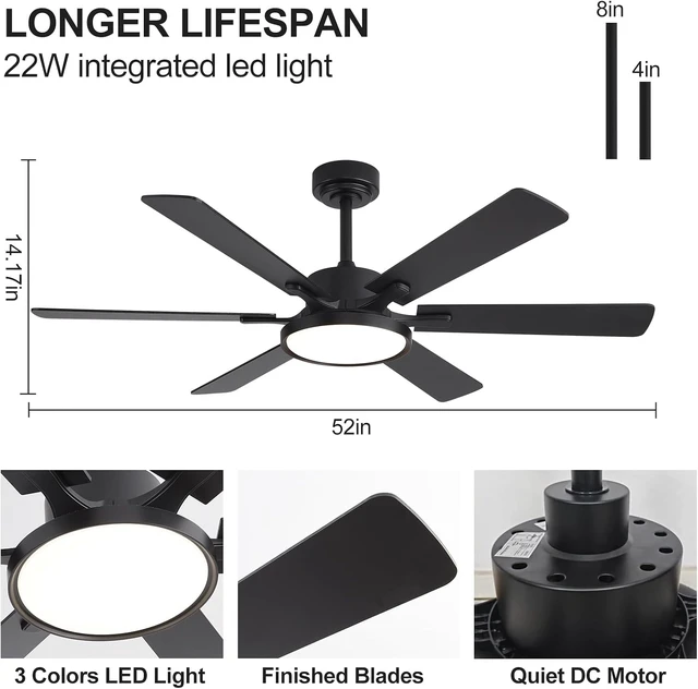 Alt view image 6 of 7 - 52in Black Low Profile Ceiling Fan with Light, Remote Control, 6 Blades, Dimmable LED, Flush Mount, Reversible, 6 Speeds, Ultra Quiet, Indoor Use, Bonus Wall Switch, Outdoor Rated