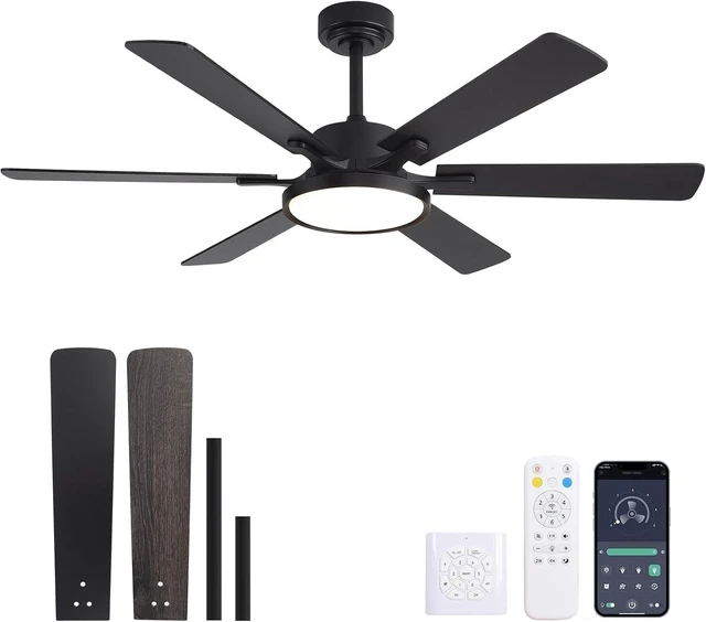 Main image of 52in Black Low Profile Ceiling Fan with Light, Remote Control, 6 Blades, Dimmable LED, Flush Mount, Reversible, 6 Speeds, Ultra Quiet, Indoor Use, Bonus Wall Switch, Outdoor Rated