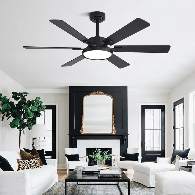 Alt view image 7 of 7 - 52in Black Low Profile Ceiling Fan with Light, Remote Control, 6 Blades, Dimmable LED, Flush Mount, Reversible, 6 Speeds, Ultra Quiet, Indoor Use, Bonus Wall Switch, Outdoor Rated