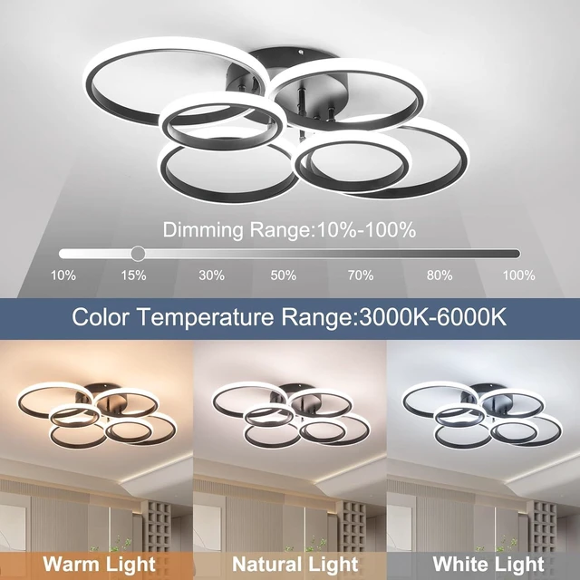 Alt view image 2 of 7 - Modern Ceiling Lights, 6 Rings Dimmable Black LED Ceiling Light Fixtures with Remote Control, 60W Close to Ceilings Lighting for Living Room, Bedroom, Dining Room
