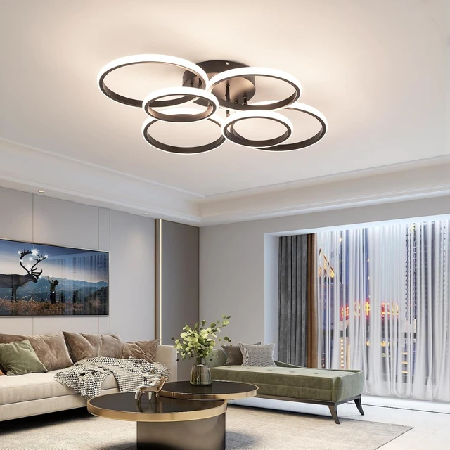 Alt view image 3 of 7 - Modern Ceiling Lights, 6 Rings Dimmable Black LED Ceiling Light Fixtures with Remote Control, 60W Close to Ceilings Lighting for Living Room, Bedroom, Dining Room