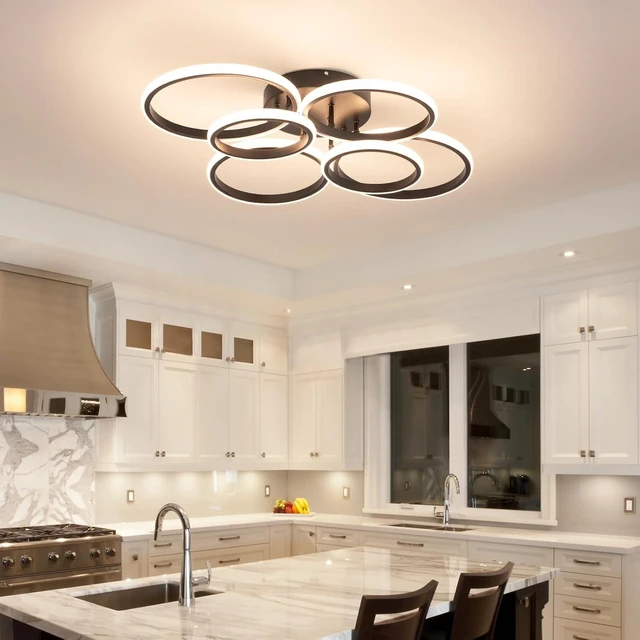 Alt view image 4 of 7 - Modern Ceiling Lights, 6 Rings Dimmable Black LED Ceiling Light Fixtures with Remote Control, 60W Close to Ceilings Lighting for Living Room, Bedroom, Dining Room