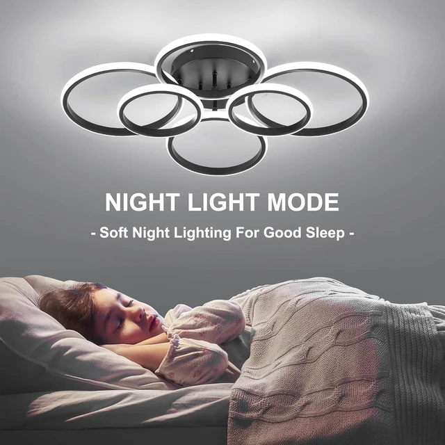 Alt view image 6 of 7 - Modern Ceiling Lights, 6 Rings Dimmable Black LED Ceiling Light Fixtures with Remote Control, 60W Close to Ceilings Lighting for Living Room, Bedroom, Dining Room