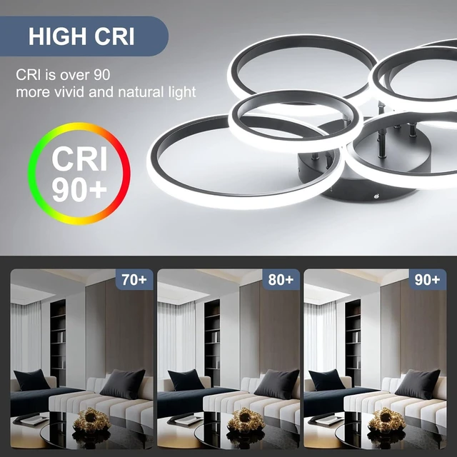 Alt view image 7 of 7 - Modern Ceiling Lights, 6 Rings Dimmable Black LED Ceiling Light Fixtures with Remote Control, 60W Close to Ceilings Lighting for Living Room, Bedroom, Dining Room