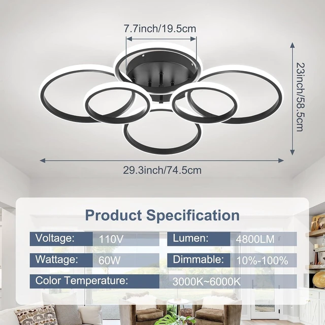 Alt view image 5 of 7 - Modern Ceiling Lights, 6 Rings Dimmable Black LED Ceiling Light Fixtures with Remote Control, 60W Close to Ceilings Lighting for Living Room, Bedroom, Dining Room