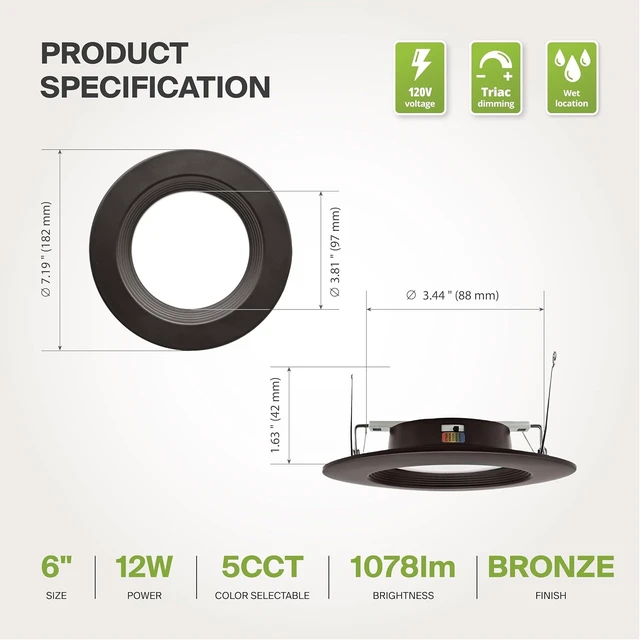 Alt view image 7 of 7 - ASD 6 Pack Bronze Retrofit LED Recessed Lighting 6 Inch, 5CCT Wafer Lights