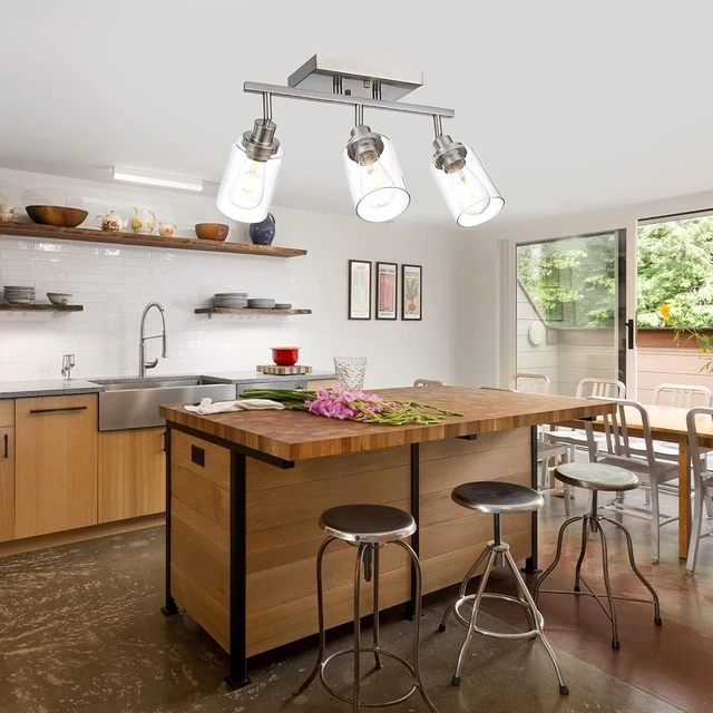 Alt view image 2 of 7 - 3 Light Track Lighting Kit Brushed Nickel Kitchen Track Lighting Fixtures Ceiling Mount Bathroom Vanity Wall Scones Light Fixture with Clear Glass, Rotatable Spotlight for Kitchen Shop Hallway