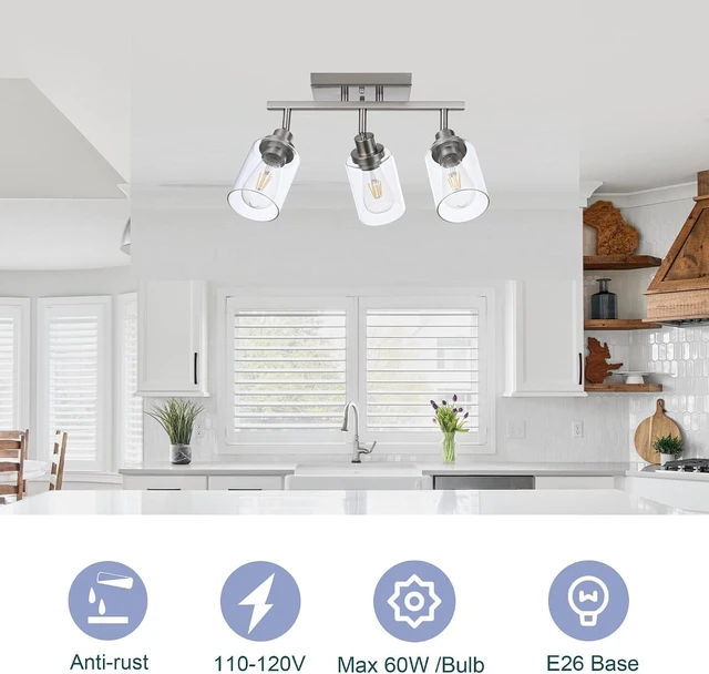 Alt view image 3 of 7 - 3 Light Track Lighting Kit Brushed Nickel Kitchen Track Lighting Fixtures Ceiling Mount Bathroom Vanity Wall Scones Light Fixture with Clear Glass, Rotatable Spotlight for Kitchen Shop Hallway