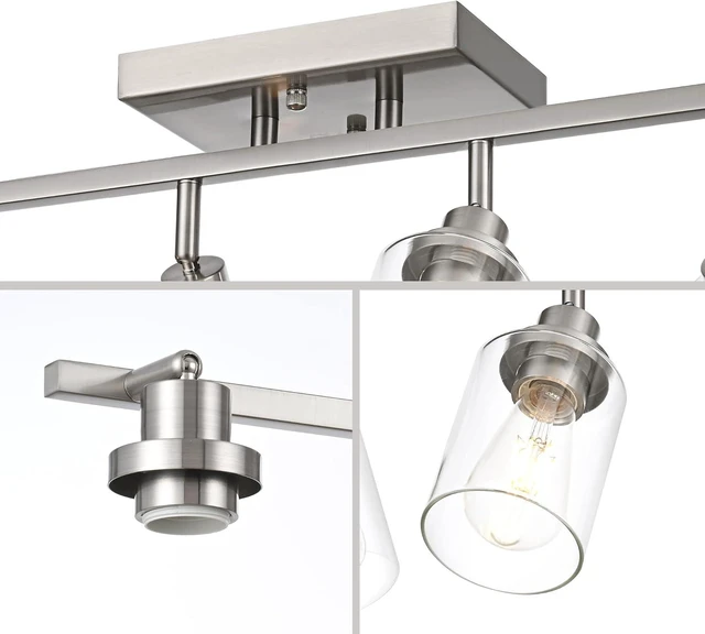 Alt view image 4 of 7 - 3 Light Track Lighting Kit Brushed Nickel Kitchen Track Lighting Fixtures Ceiling Mount Bathroom Vanity Wall Scones Light Fixture with Clear Glass, Rotatable Spotlight for Kitchen Shop Hallway