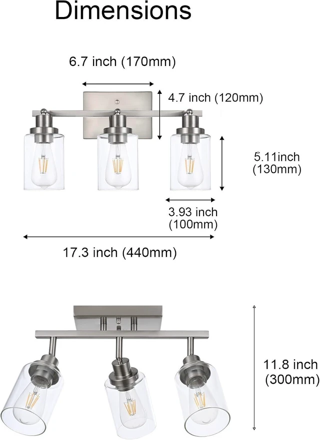 Alt view image 6 of 7 - 3 Light Track Lighting Kit Brushed Nickel Kitchen Track Lighting Fixtures Ceiling Mount Bathroom Vanity Wall Scones Light Fixture with Clear Glass, Rotatable Spotlight for Kitchen Shop Hallway