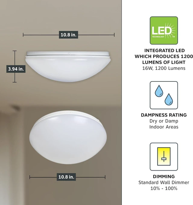 Alt view image 4 of 6 - Designers Fountain EnviroLite Flush Mount Ceiling Light, 11 Inch LED Round Glass Lighting Fixture for Kitchen, Bedroom, Bathroom, and Hallway, White, EV1011C5C-06