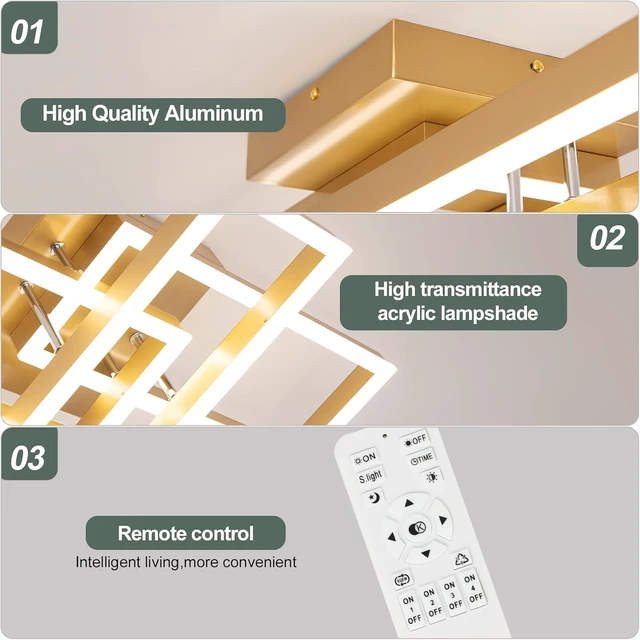 Alt view image 3 of 7 - EIDISUNY Modern Led Ceiling Light Fixtures, Black Flush Mount 3-Square Ceiling Light with Remote Control&APP, Dimmable, 40W Acrylic for Bedroom, Kitchen, Dining Room(Gold)