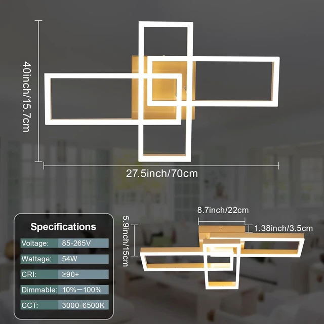 Alt view image 4 of 7 - EIDISUNY Modern Led Ceiling Light Fixtures, Black Flush Mount 3-Square Ceiling Light with Remote Control&APP, Dimmable, 40W Acrylic for Bedroom, Kitchen, Dining Room(Gold)