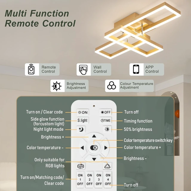 Alt view image 5 of 7 - EIDISUNY Modern Led Ceiling Light Fixtures, Black Flush Mount 3-Square Ceiling Light with Remote Control&APP, Dimmable, 40W Acrylic for Bedroom, Kitchen, Dining Room(Gold)