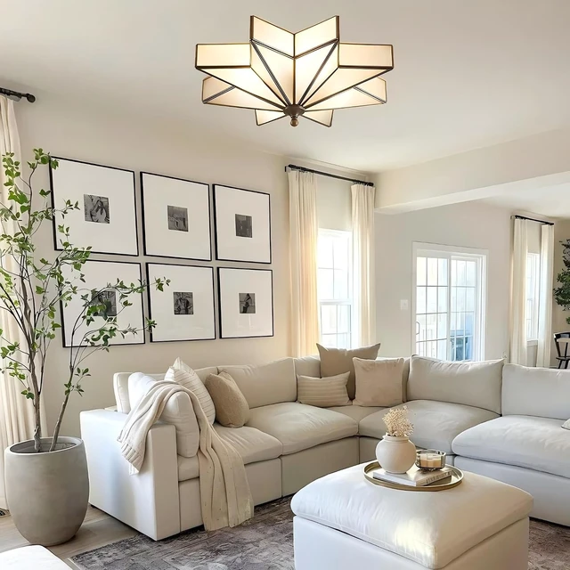 Alt view image 5 of 7 - LIGHTLAND 19.7 Inch Star Brass Ceiling Light, 4 Lights Flush Mount Ceiling Lamp with Glass Lampshade, Art Deco Close to Ceiling Light Fixtures for Bedroom Living Room Entryway Hallway, Bronze Color
