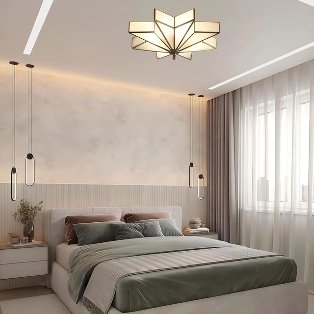 Alt view image 6 of 7 - LIGHTLAND 19.7 Inch Star Brass Ceiling Light, 4 Lights Flush Mount Ceiling Lamp with Glass Lampshade, Art Deco Close to Ceiling Light Fixtures for Bedroom Living Room Entryway Hallway, Bronze Color