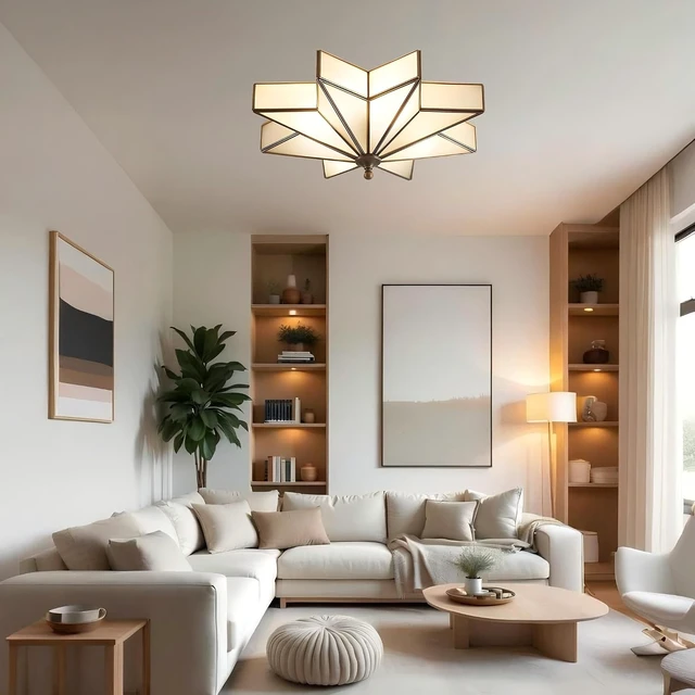 Alt view image 7 of 7 - LIGHTLAND 19.7 Inch Star Brass Ceiling Light, 4 Lights Flush Mount Ceiling Lamp with Glass Lampshade, Art Deco Close to Ceiling Light Fixtures for Bedroom Living Room Entryway Hallway, Bronze Color