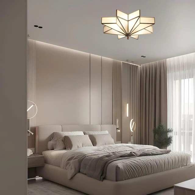 Alt view image 2 of 7 - LIGHTLAND 19.7 Inch Star Brass Ceiling Light, 4 Lights Flush Mount Ceiling Lamp with Glass Lampshade, Art Deco Close to Ceiling Light Fixtures for Bedroom Living Room Entryway Hallway, Bronze Color