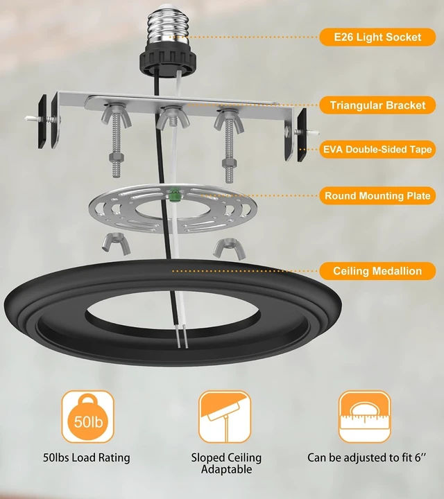 Alt view image 4 of 6 - Recessed to Pendant Light Converter Kit - 6 Inch Can Light Conversion, Includes E26 Socket, Mounting Bracket, Round Ceiling Plate & 3D Black Cover