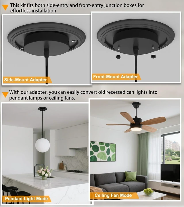 Alt view image 5 of 6 - Recessed to Pendant Light Converter Kit - 6 Inch Can Light Conversion, Includes E26 Socket, Mounting Bracket, Round Ceiling Plate & 3D Black Cover